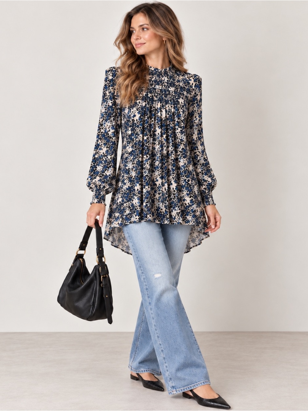 Free People Flowers In Her Hair Keyhole Back Smocked Neck Tunic Swing Top Size M